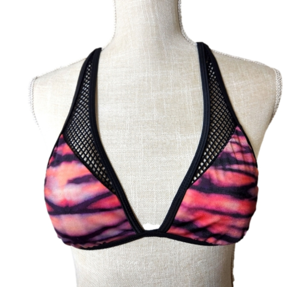 Beach Lingo Bikini Top - Size Small - Pink Purple Black Mesh